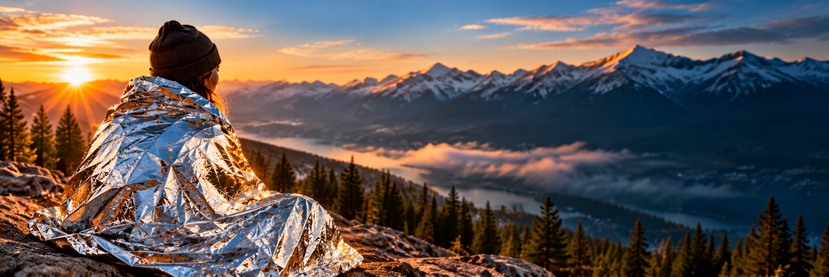 Person wrapped in a reflective Mylar emergency blanket overlooking mountains, illustrating the type of blanket also known as a space blanket
