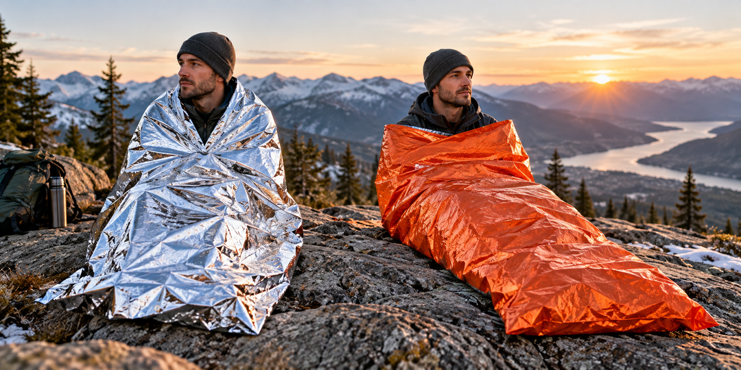 Emergency blanket and emergency sleeping bag compared in cold mountain conditions