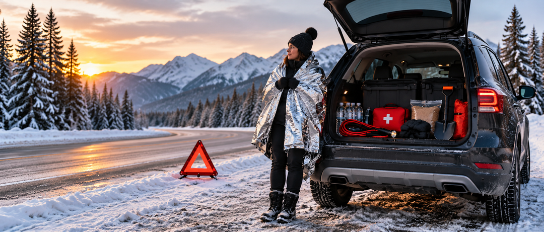 Winter car emergency kit with Mylar emergency blanket, first aid supplies, jumper cables, shovel and roadside warning triangle