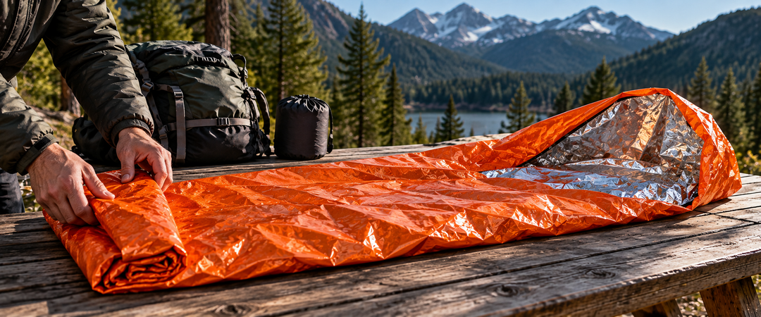 A person carefully rolling up an orange Mylar emergency sleeping bag with a reflective silver interior on a campsite picnic table, preparing it for reuse and storage.