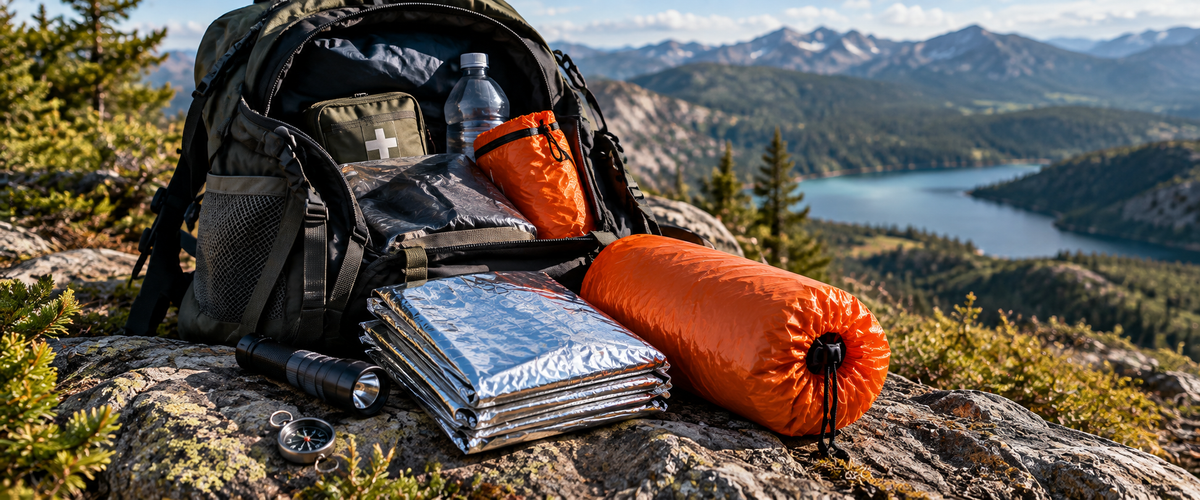Emergency survival kit with folded Mylar blankets, an emergency sleeping bag, first aid supplies and hiking gear beside a backpack in the mountains.