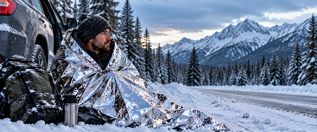 Man wrapped in a reflective silver Mylar emergency blanket beside a snow-covered SUV on a mountain road in freezing winter conditions.