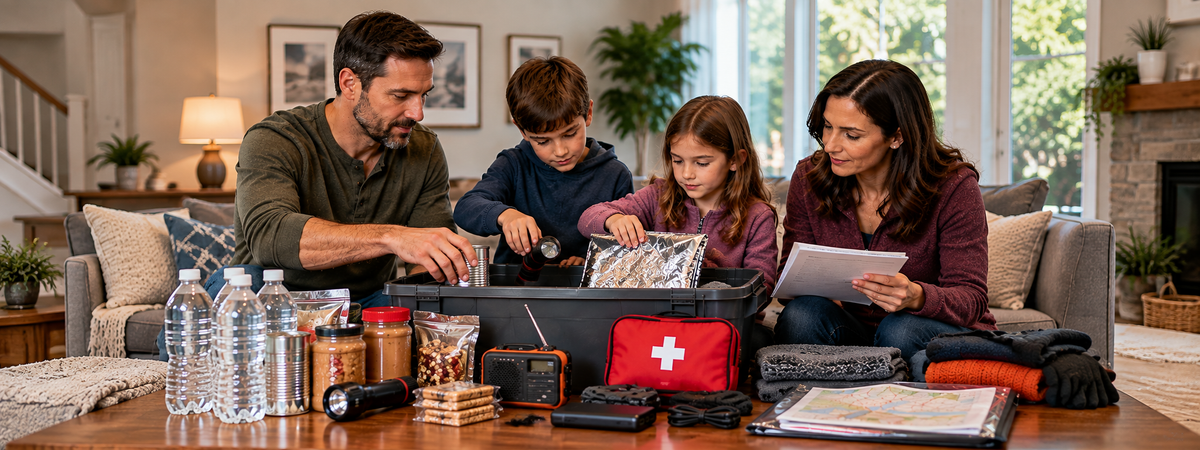 Family organizing water, food, first aid and other emergency kit supplies at home