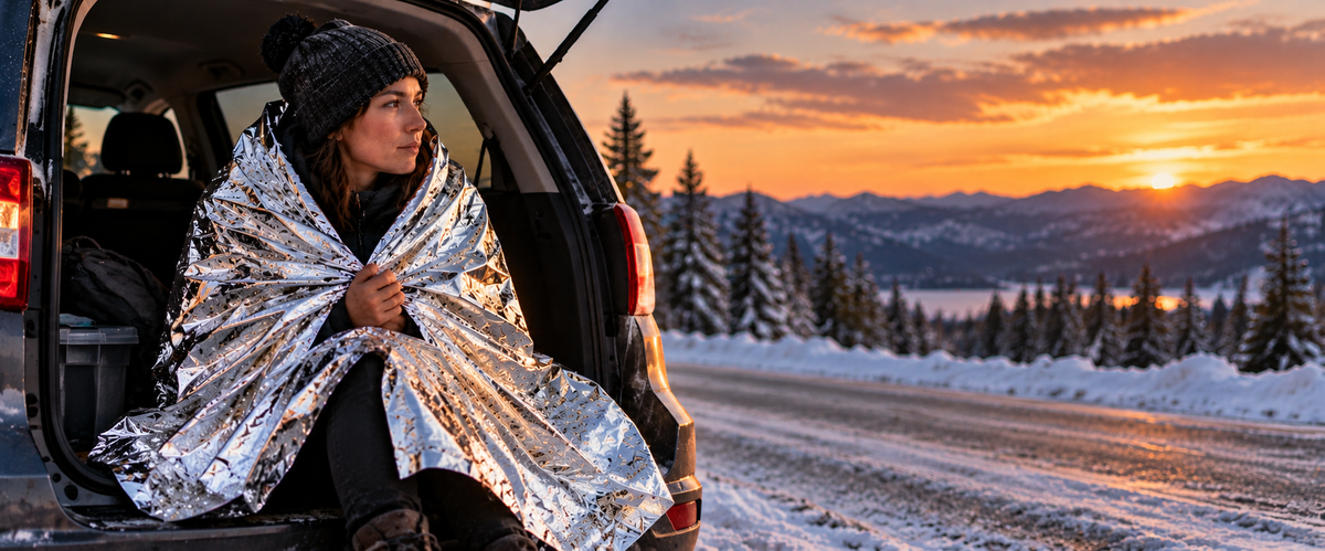 Woman using a Mylar emergency blanket beside a vehicle in cold weather