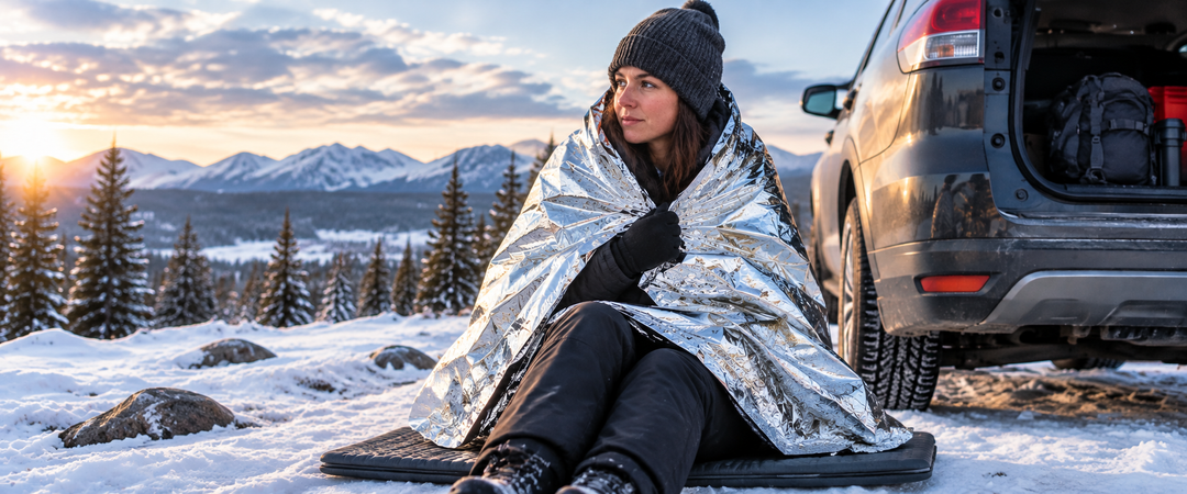 Woman wrapped in a silver Mylar emergency blanket over winter clothing while sitting on an insulated pad beside an SUV in snowy conditions
