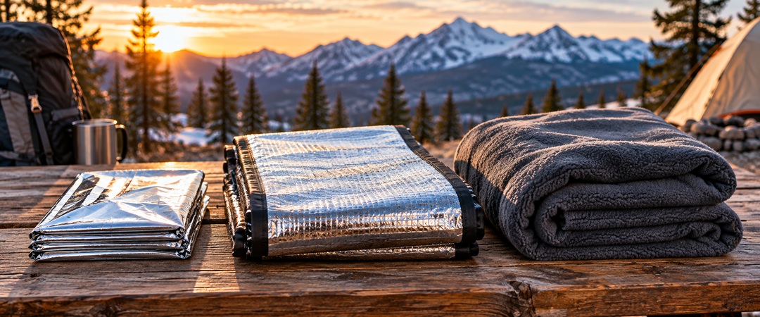 Comparison of a thin Mylar emergency blanket, reinforced reflective blanket and thick insulated blanket on a campsite table in cold weather