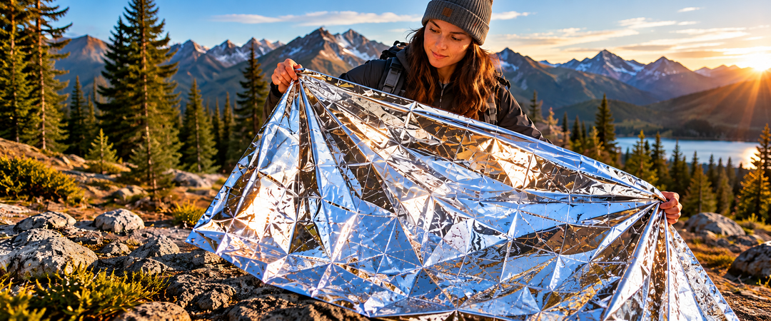 Woman holding an unfolded reflective silver Mylar emergency blanket in a mountain setting, showing the blanket's metallic surface.