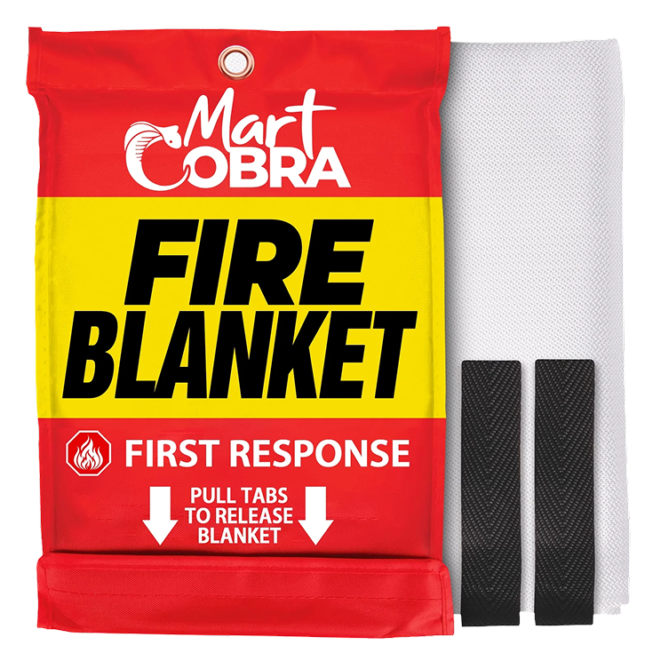 Mart Cobra Fire blanket packaging with text and a sample fire blanket strip on a white background