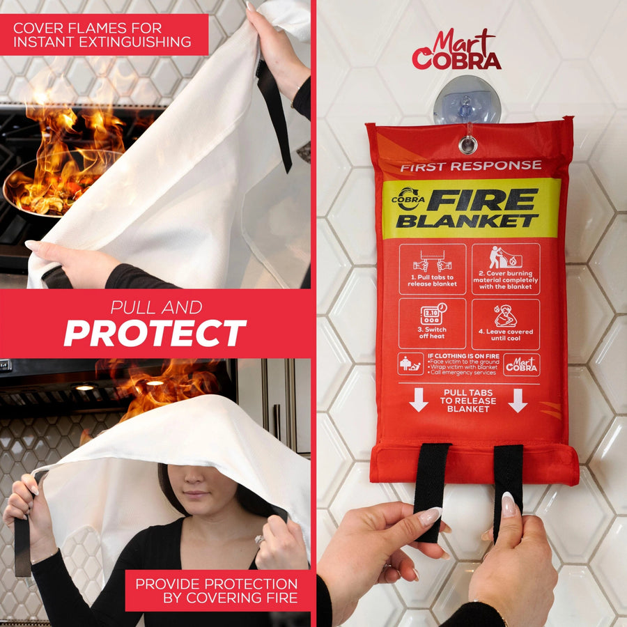 How to use a Cobra Fire Blanket: pull, protect, place, and leave to smother a small fire