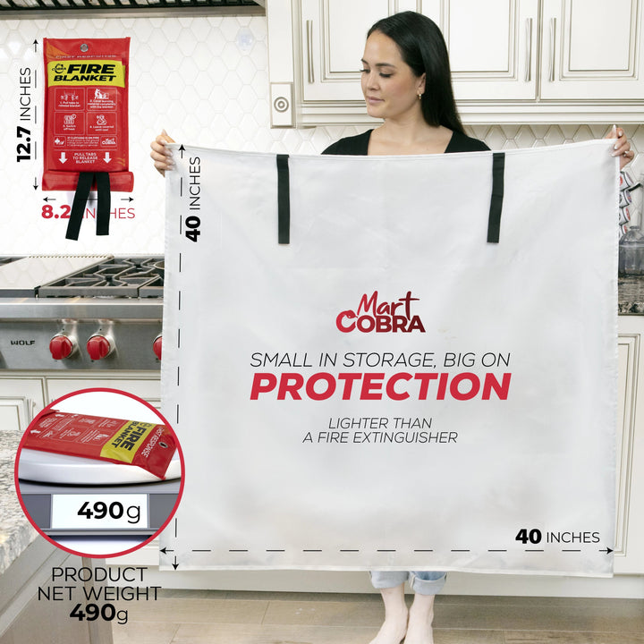 Size chart for the Cobra Fire Blanket. 40 x 40 inches. 1.1 lbs. packs down to under 13 x 8 inches.