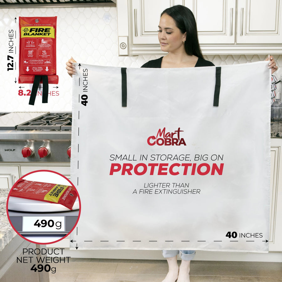 Size chart for the Cobra Fire Blanket. 40 x 40 inches. 1.1 lbs. packs down to under 13 x 8 inches.